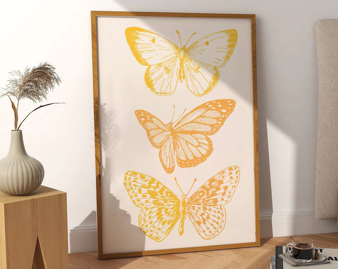 Yellow Orange Butterflies Trio Retro Botanical Insect Poster - Image 4