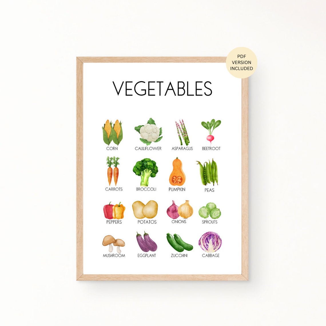 Vegetables Educational Chart Watercolor Kids Veggie Learning Poster