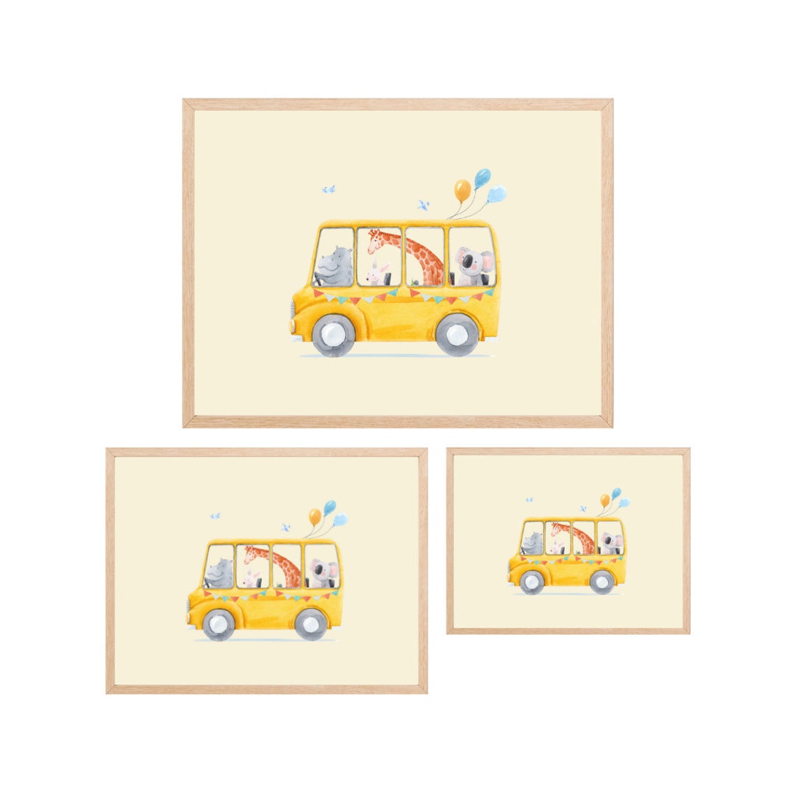 Yellow Bus With Animals Watercolor Kids Animal Nursery Poster - Image 3