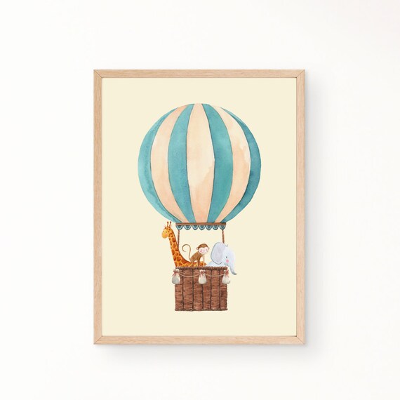Hot Air Balloon Ride With Giraffe Monkey Elephant Nursery Poster