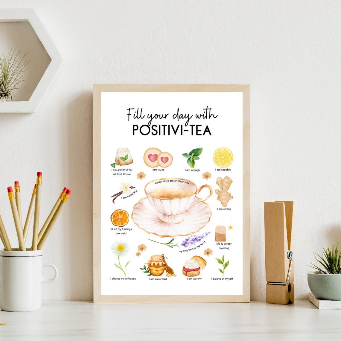 Positivi Tea Affirmations Watercolor Tea Cup Mindfulness Quote Poster - Image 4