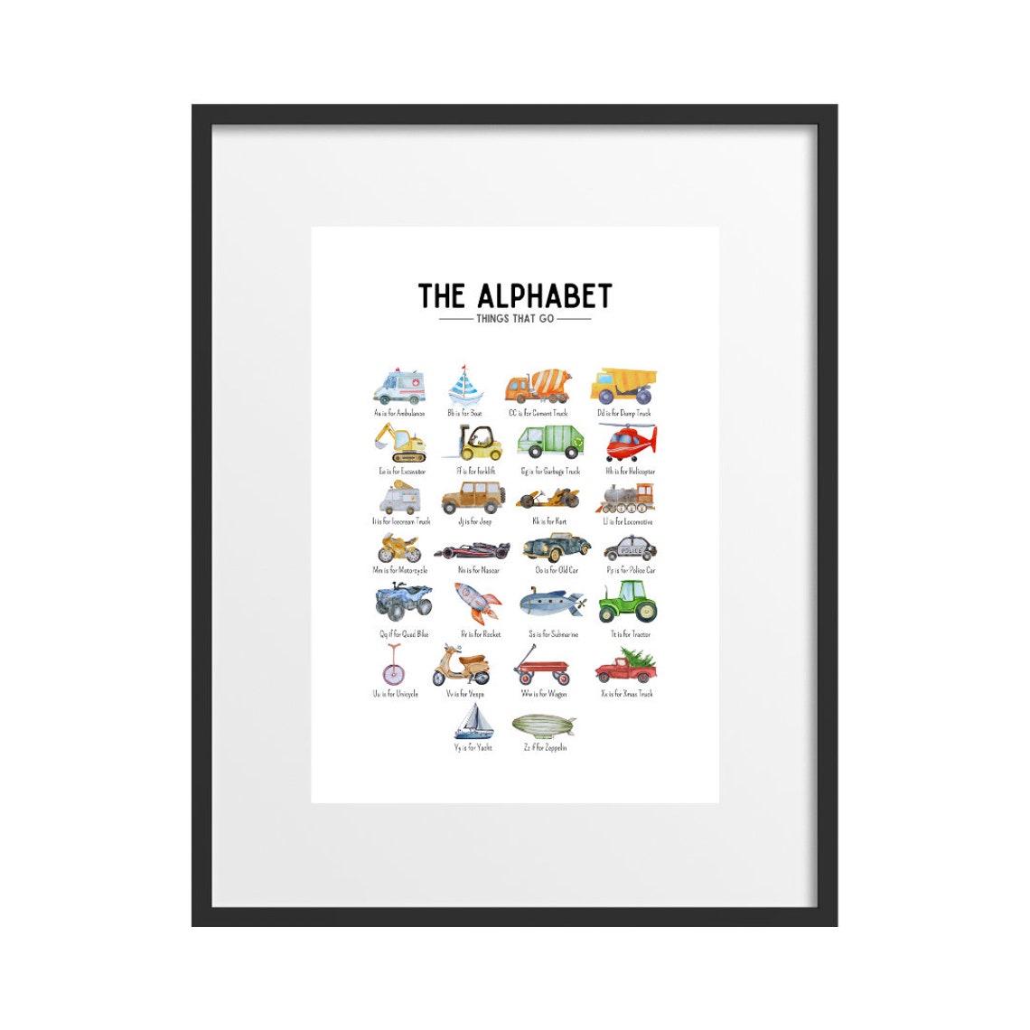 Things That Go Alphabet Poster with Watercolor Vehicles for Kids Room - Image 3