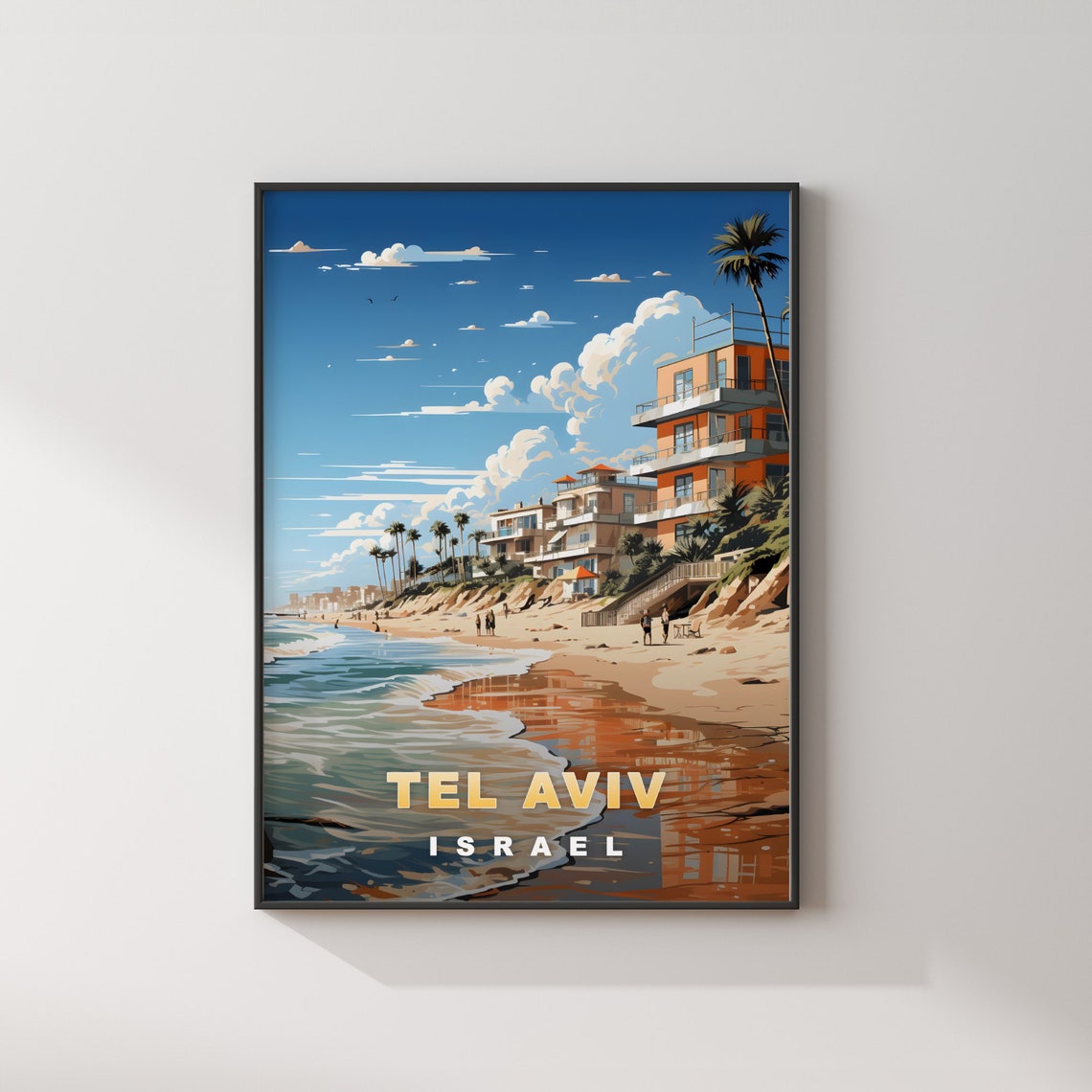 Tel Aviv Israel Beachfront Buildings Palms Retro Travel Poster - Image 2