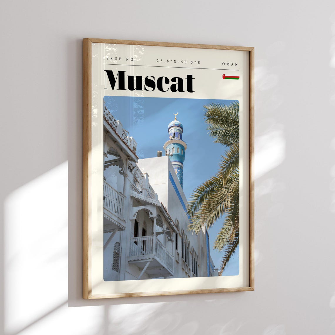 Muscat Oman White Mosque Blue Minaret Palm Trees Travel Poster - Image 2