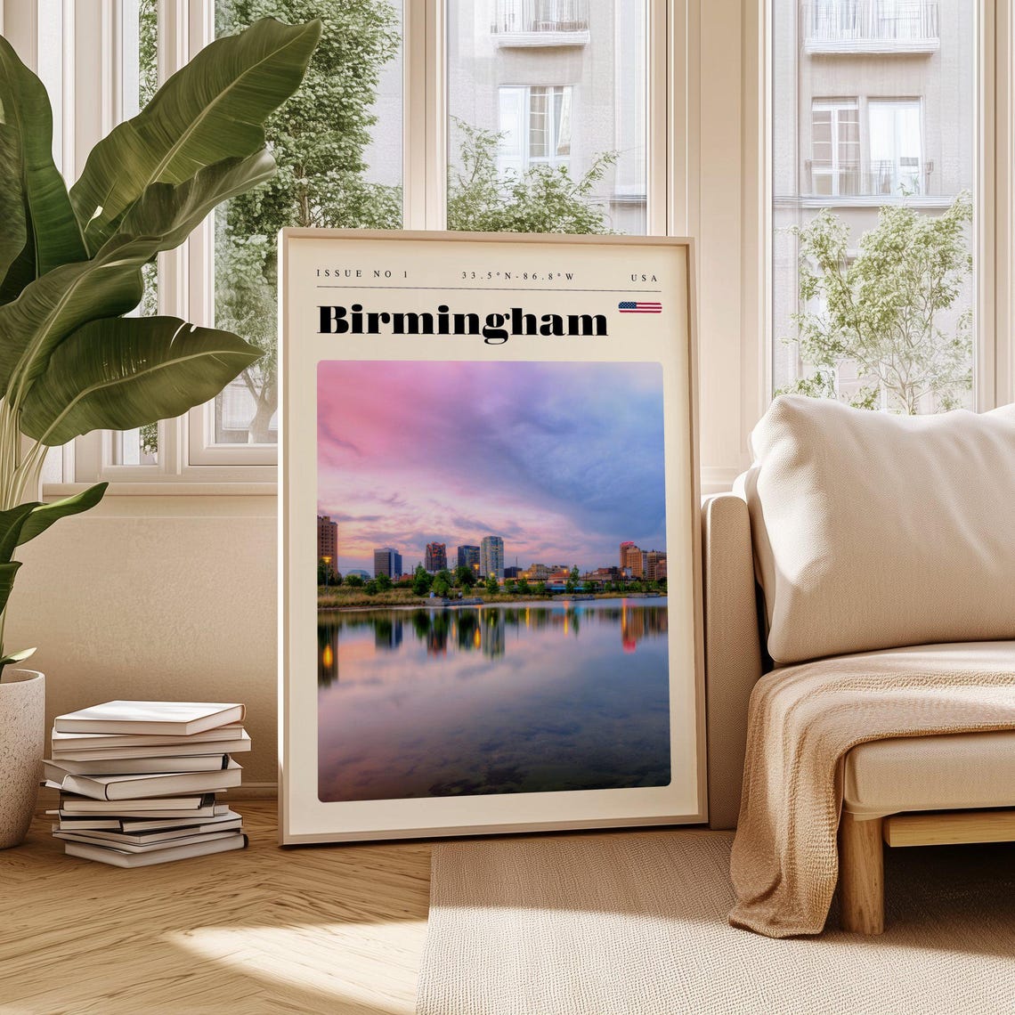 Birmingham USA Sunset Skyline Reflecting Lake Evening Poster