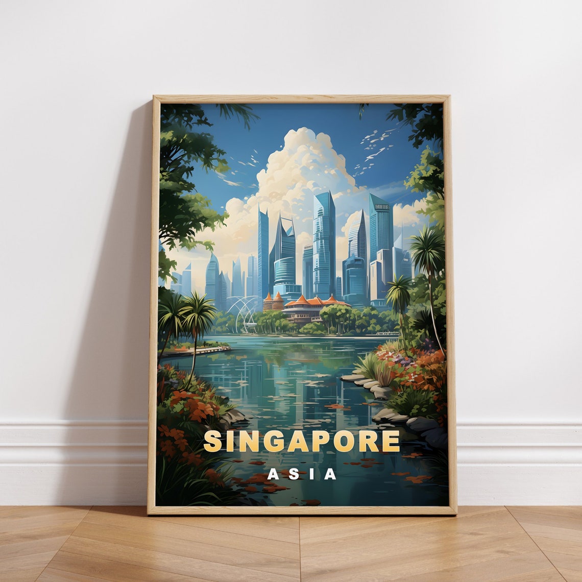 Singapore Asia Daytime Bay Skyline Palm Gardens Travel Poster