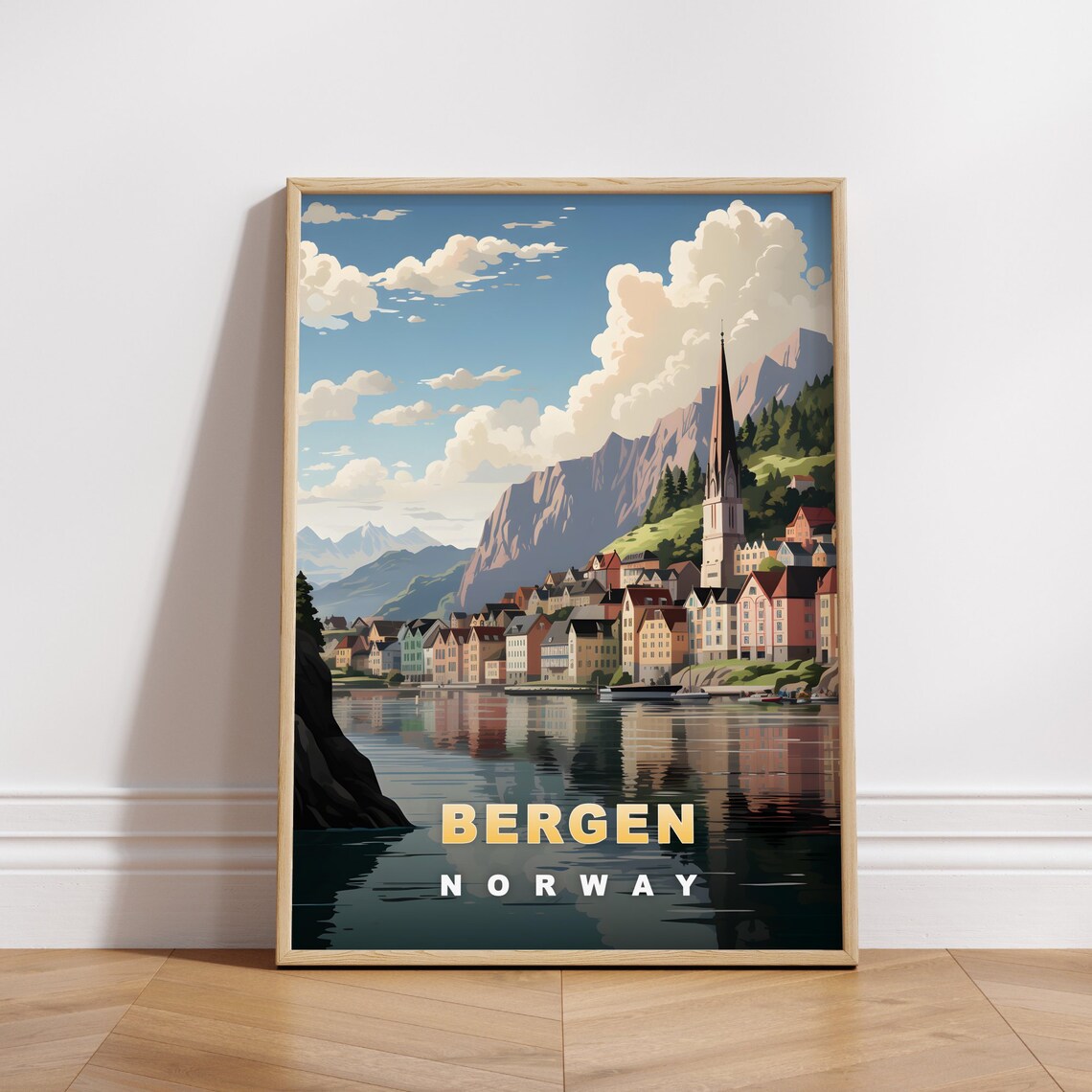Bergen Norway Waterfront Mountain Town Church Spire Travel Poster