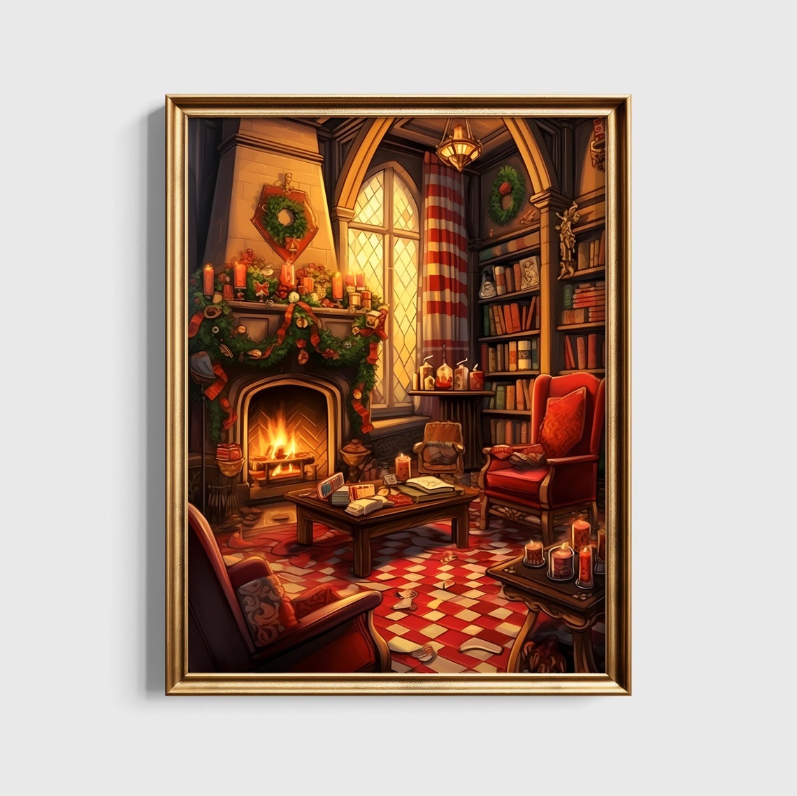Gryffindor Common Room at Christmas Red Fireplace Wizard Poster