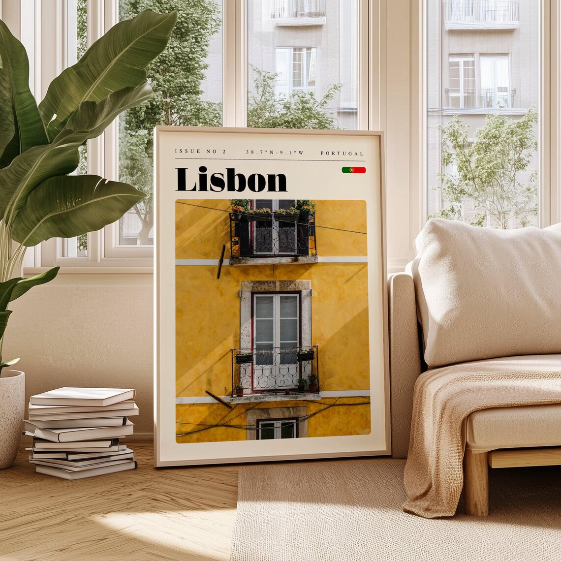 Lisbon Portugal Golden Facade Wrought Iron Balconies Travel Poster