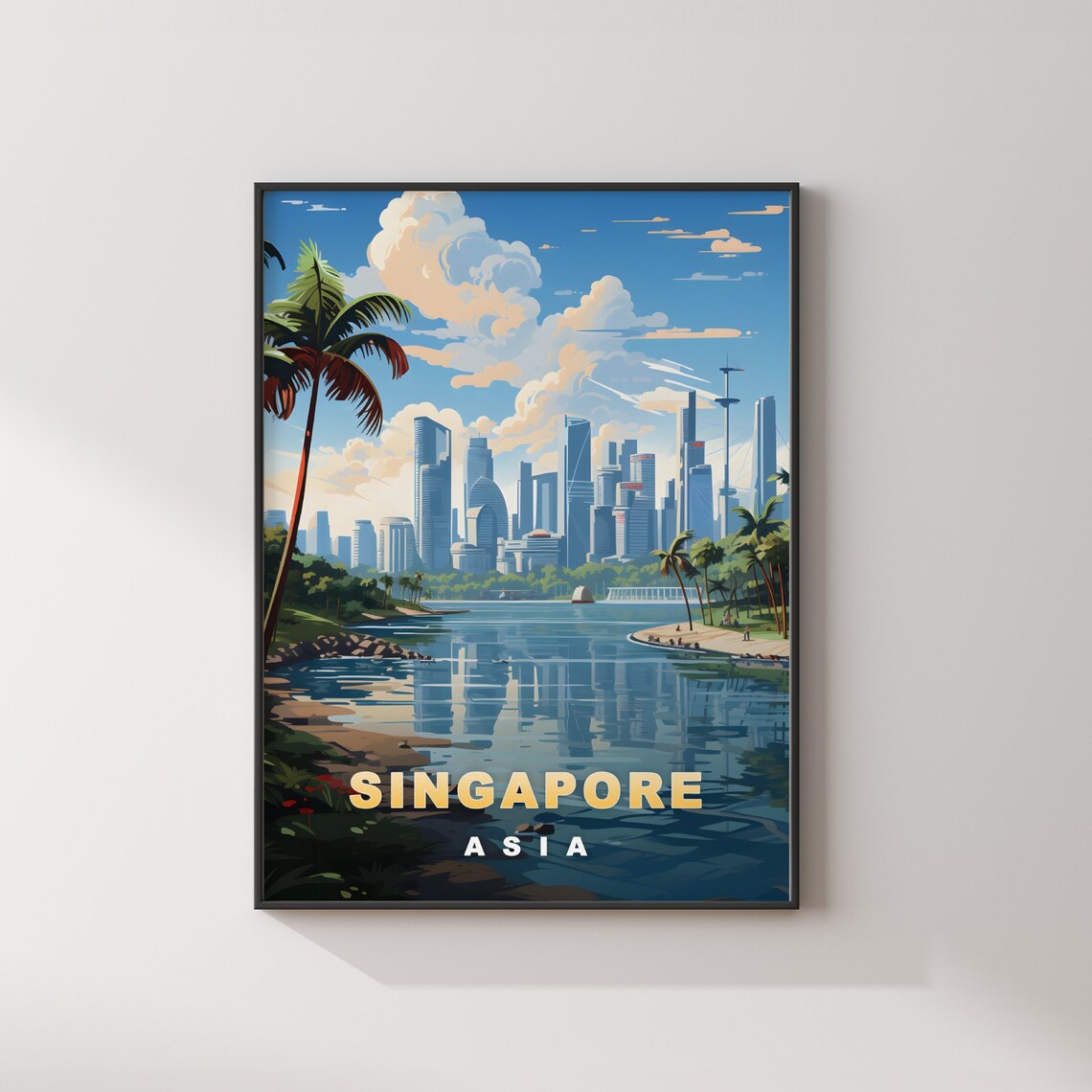 Singapore Asia Waterfront Skyline Palm Bay Retro Travel Poster - Image 2