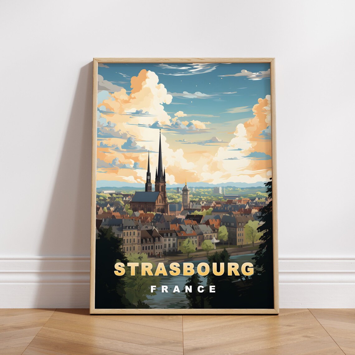 Strasbourg France Gothic Cathedral Skyline Vintage Travel Poster