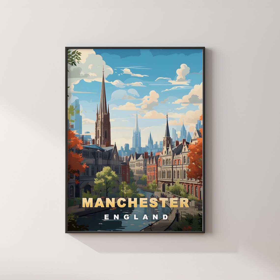 Manchester England Retro Travel Poster Canal Church Spires View - Image 2