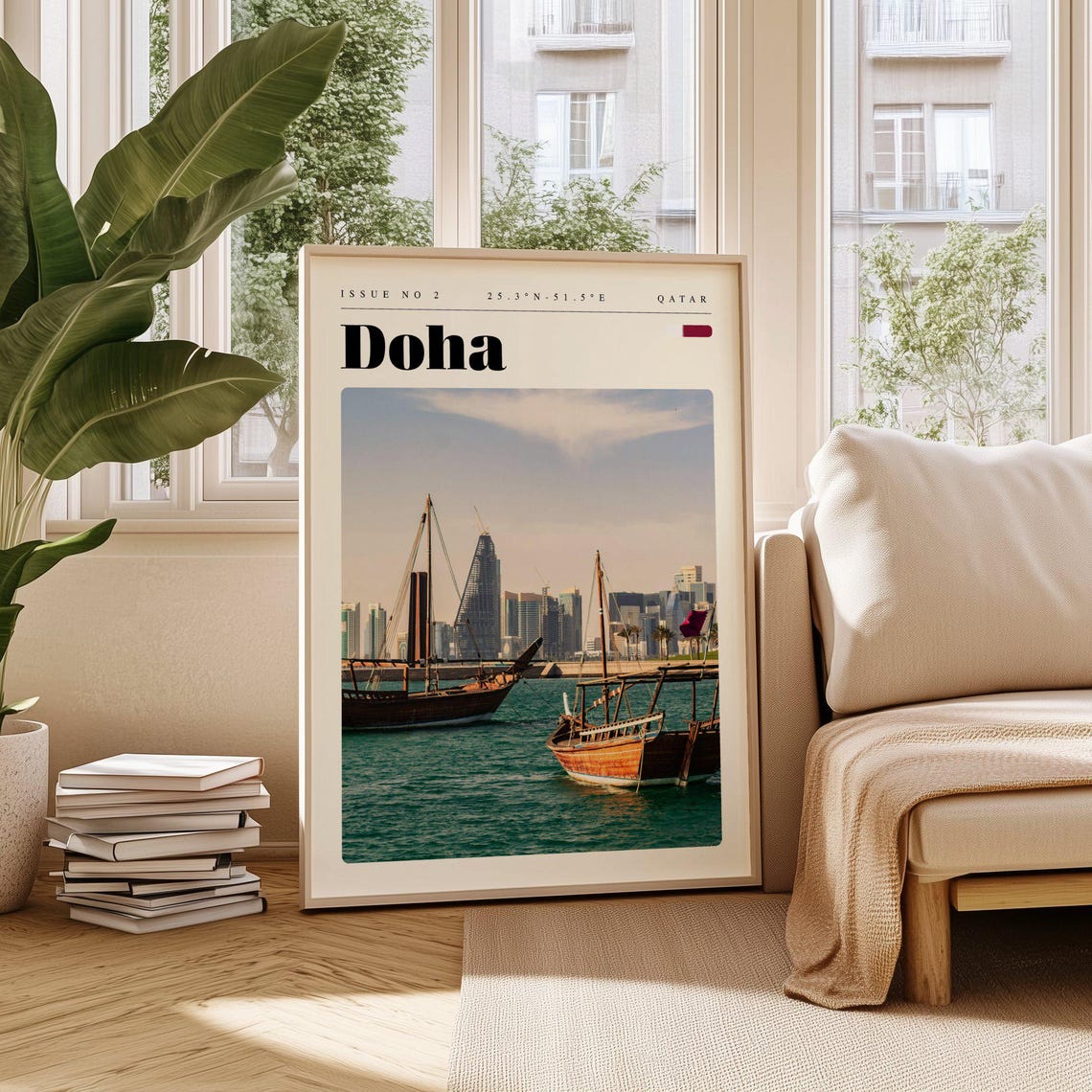 Doha Qatar Traditional Dhow Boats Harbor Skyline Photo Travel Poster