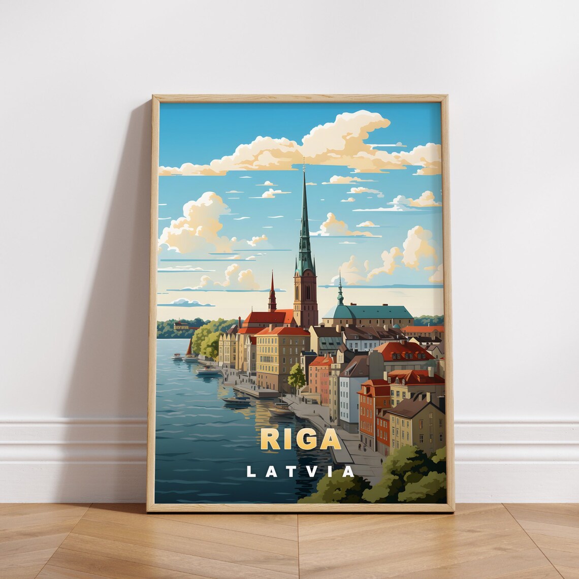 Riga Latvia Riverside Old Town Church Spire Waterfront Poster