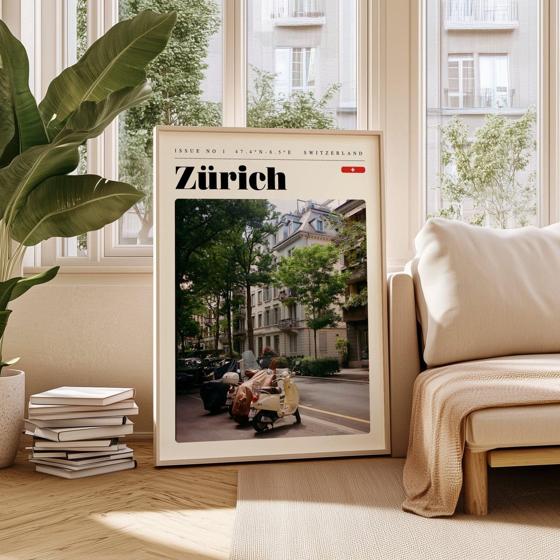 Zurich Switzerland Scooters Tree Lined Street Photography Poster