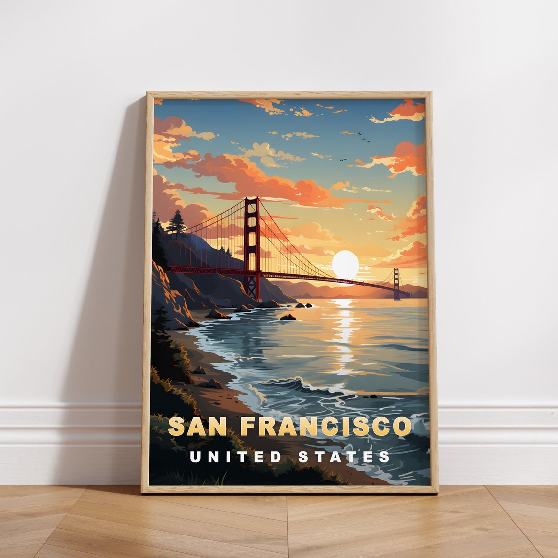 San Francisco Golden Gate Bridge Sunset Over Bay Vintage Travel Poster