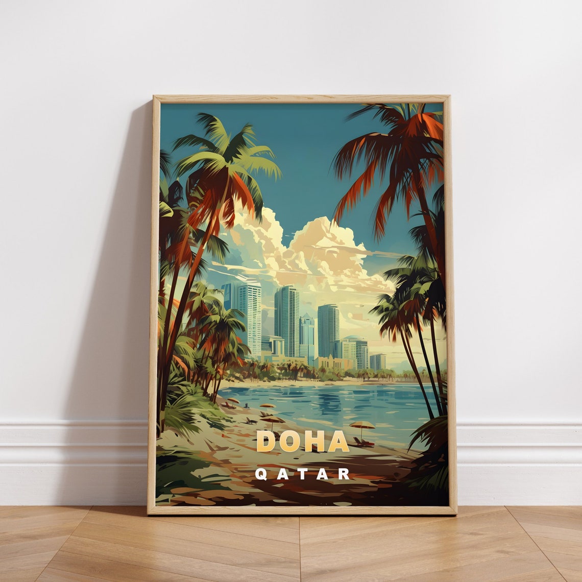 Doha Qatar Beachfront Palm Trees Skyline Vintage Travel Poster