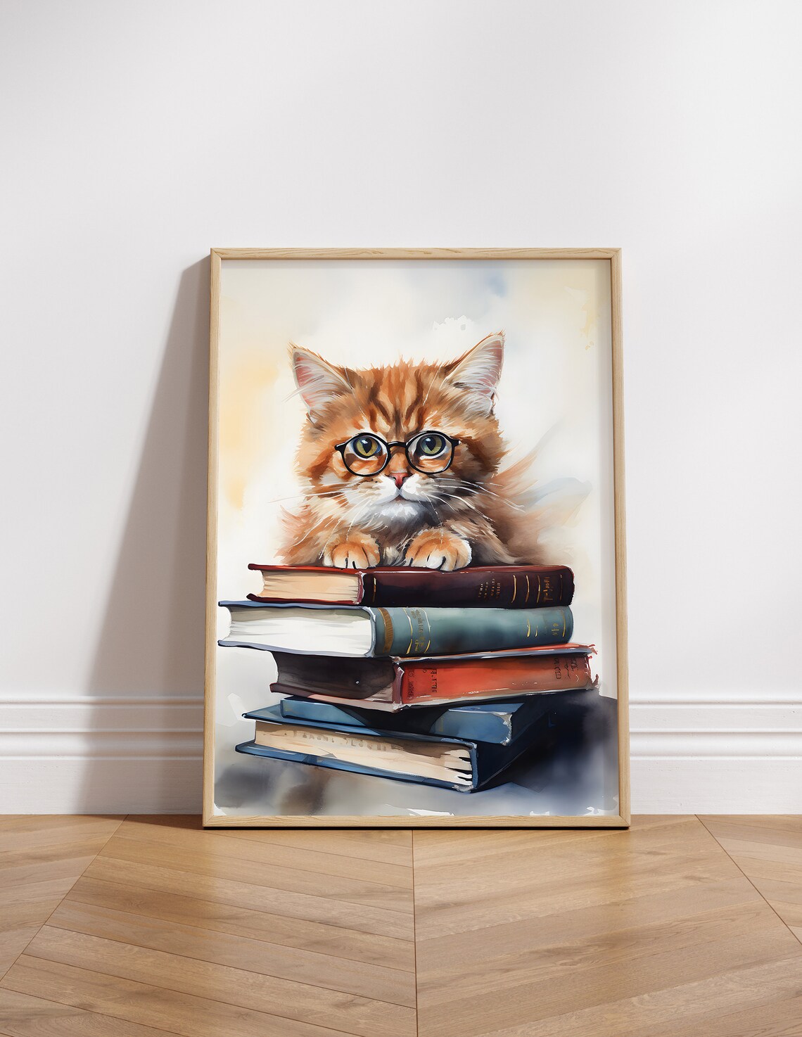 Cute Ginger Kitten With Glasses on Books Watercolor Cat Poster