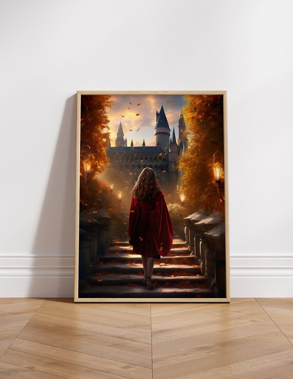 Red Cloak Witch Castle Steps Golden Autumn Fantasy Movie Poster