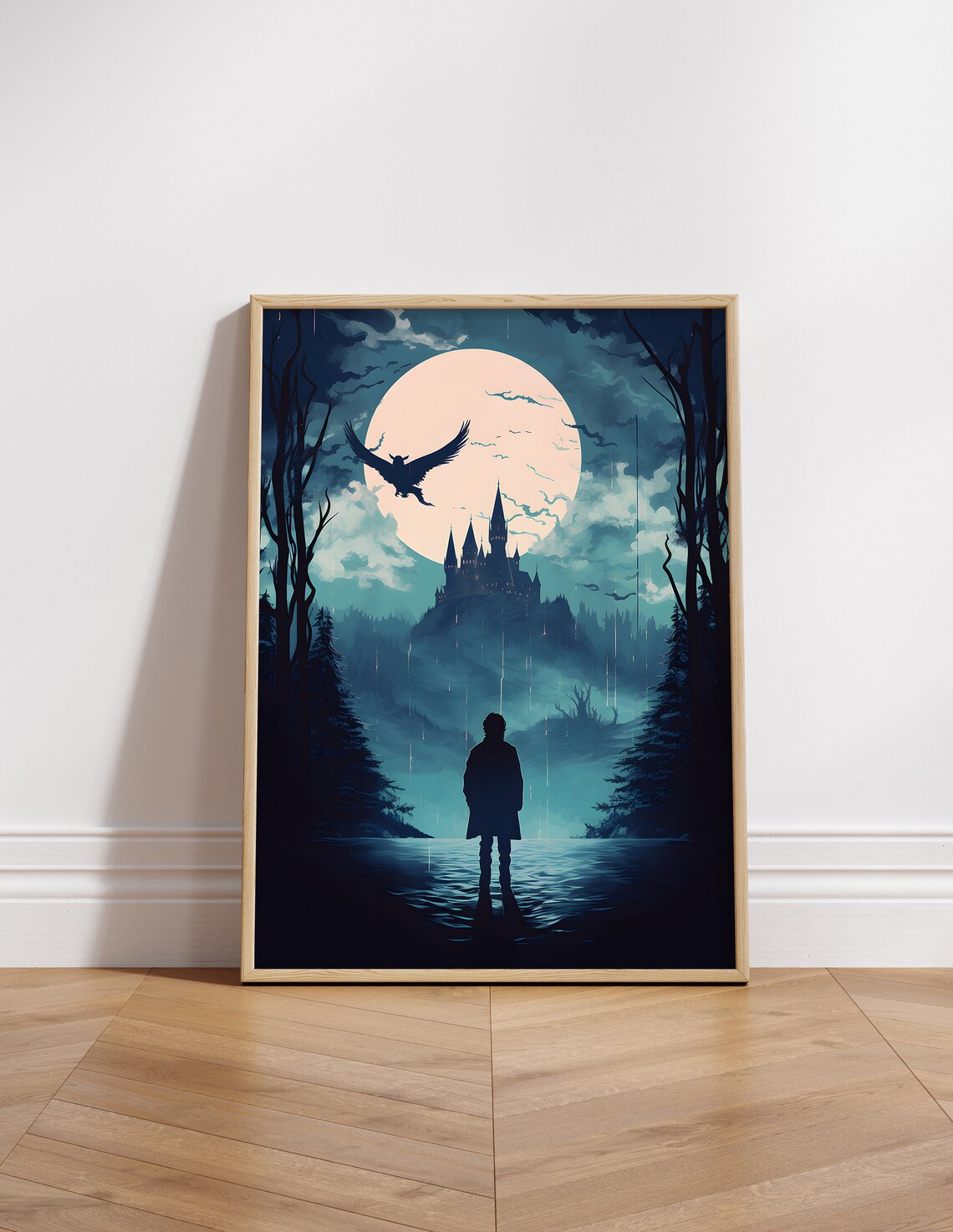Moonlit Castle Giant Moon Over Night Lake Fantasy Movie Poster Art