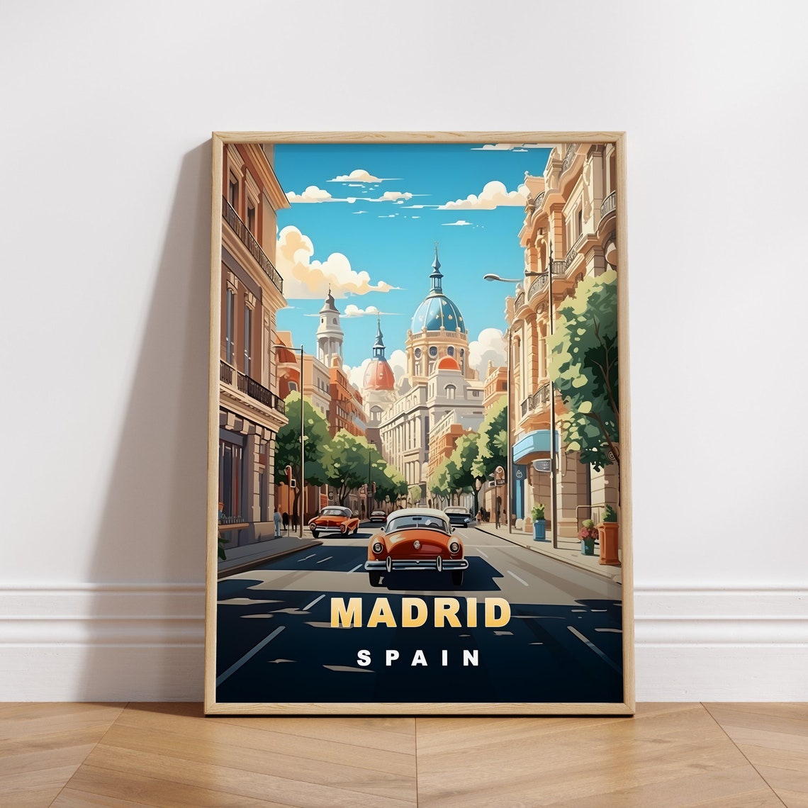 Madrid Spain Retro Travel Poster Classic Car Grand Avenue View