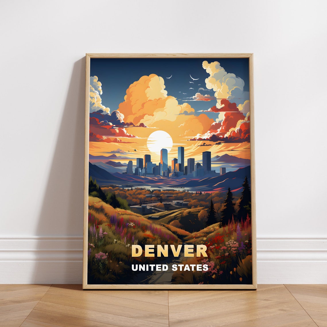 Denver Skyline Mountain Sunset Wildflower Meadow Travel Poster