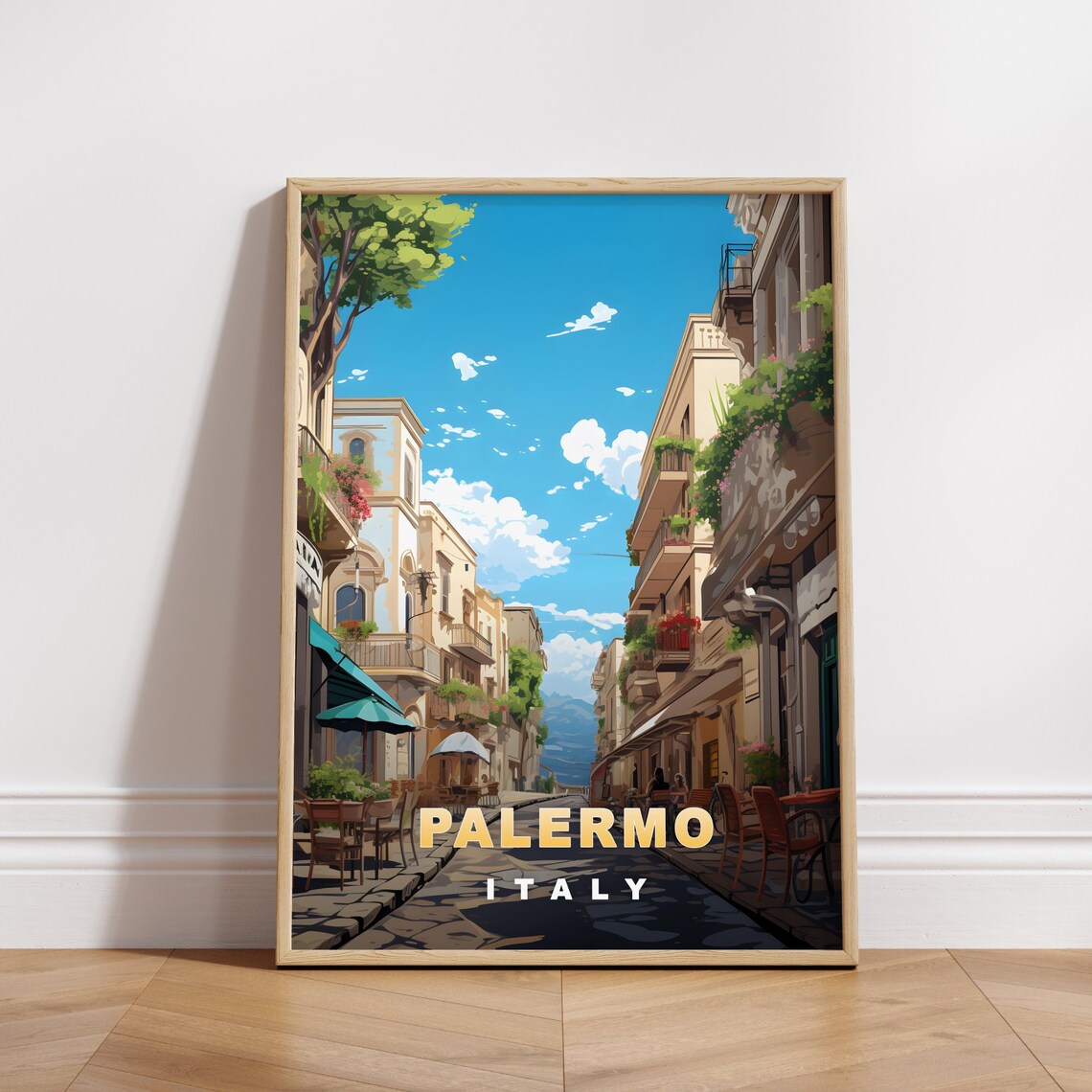 Palermo Italy Cafe Street Flower Balconies Retro Travel Poster Art