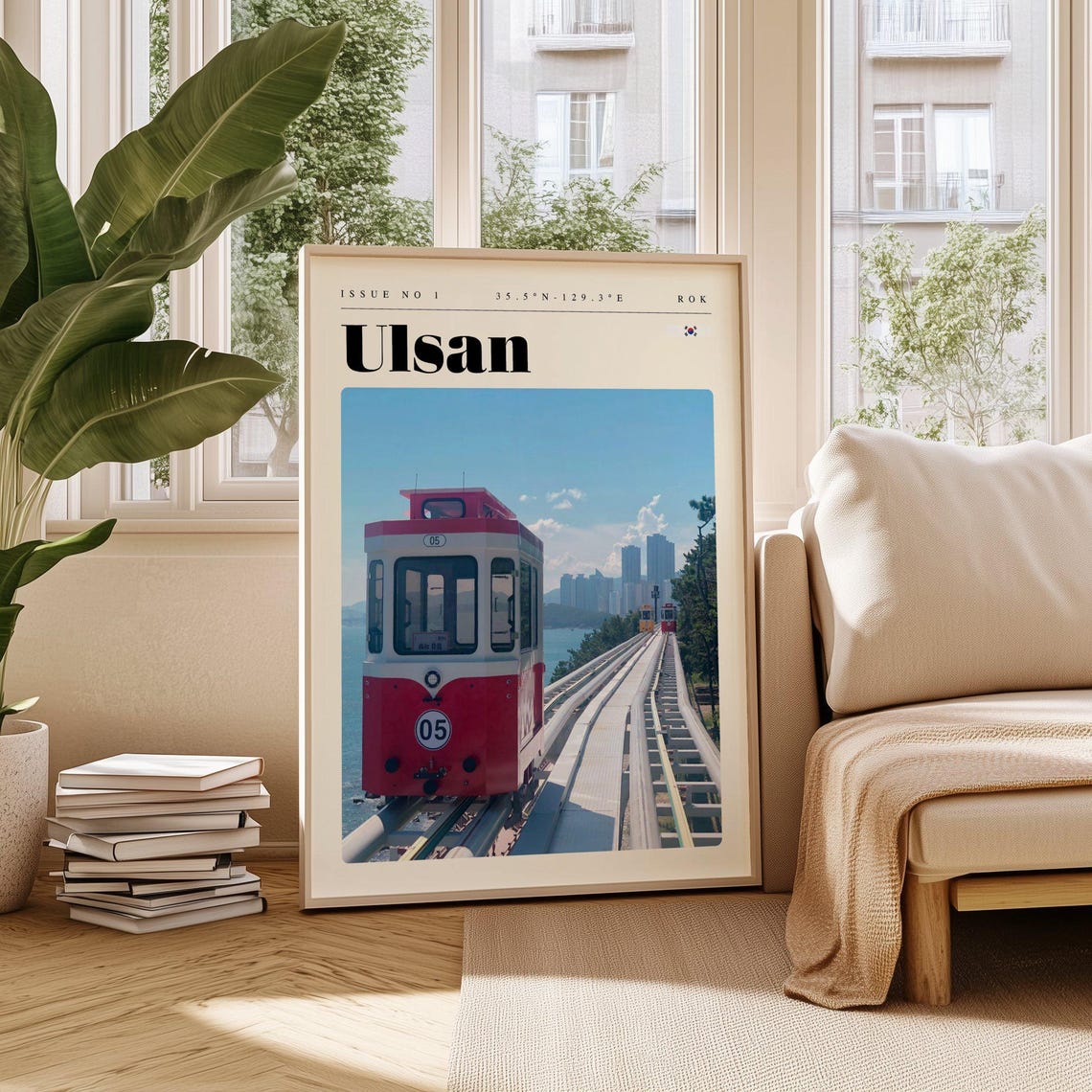Ulsan Korea Red Coastal Tram Elevated Track Modern Travel Poster