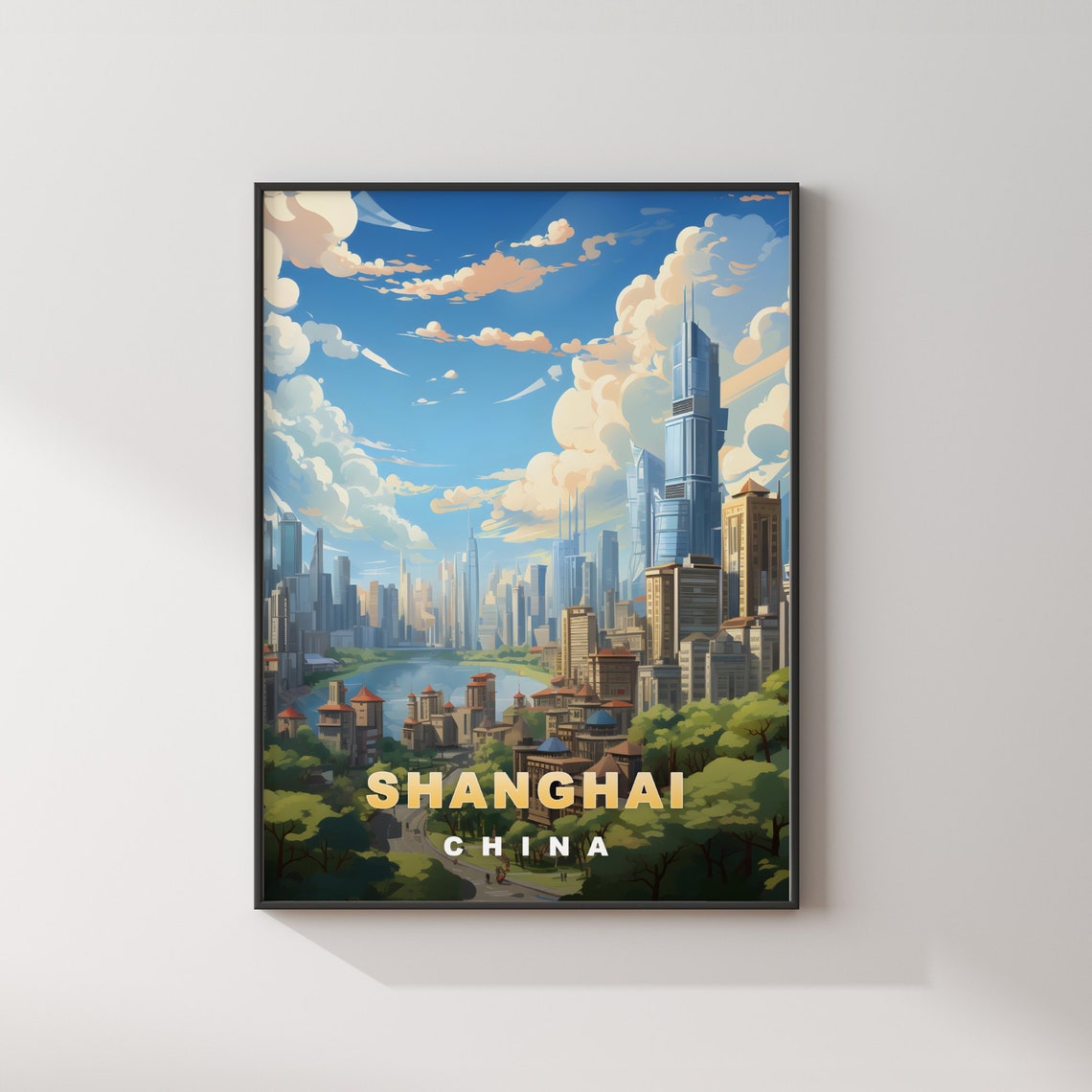 Shanghai China River Bend Skyline Park View Retro Travel Poster - Image 2