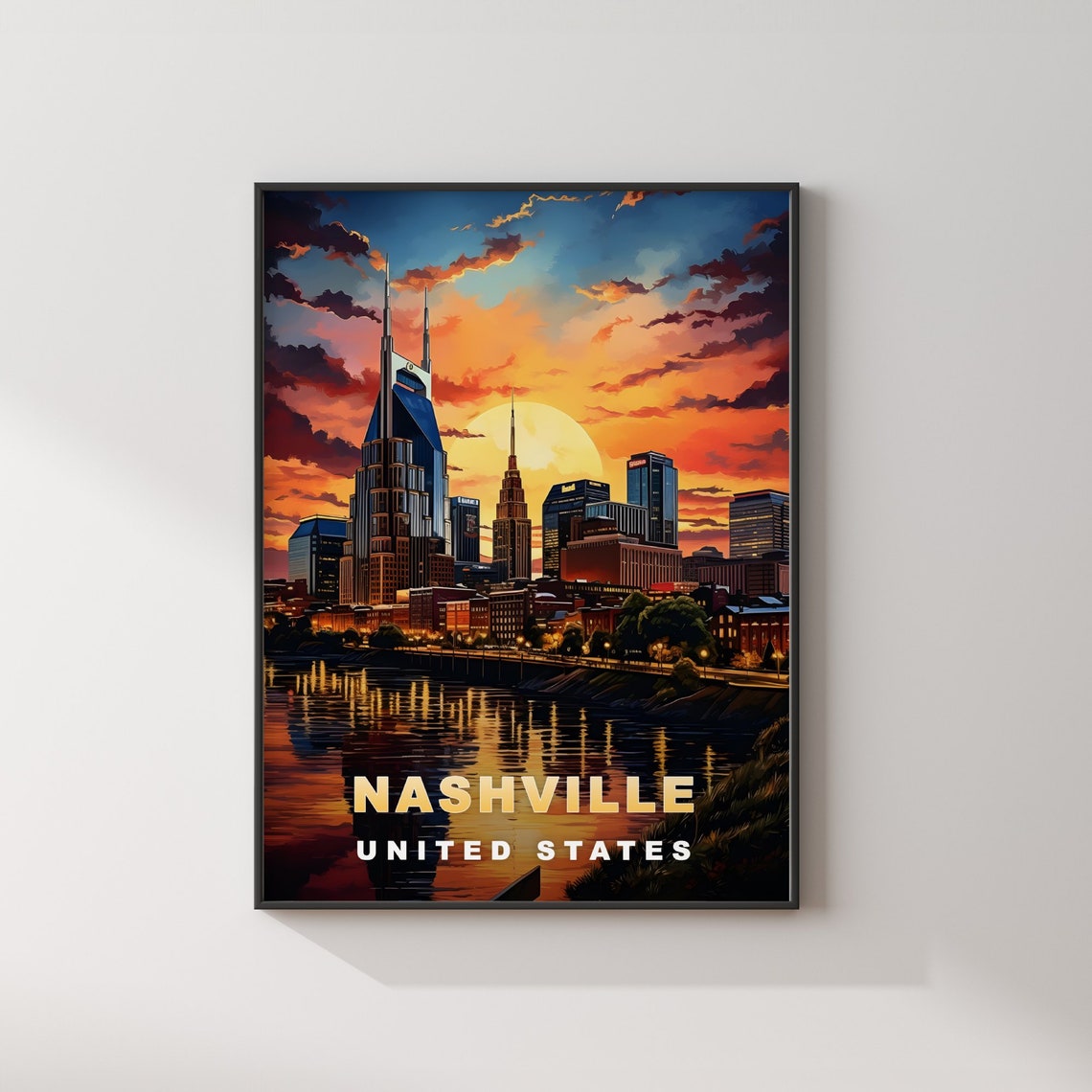 Nashville Tennessee Skyline Night River Reflection Travel Poster - Image 2