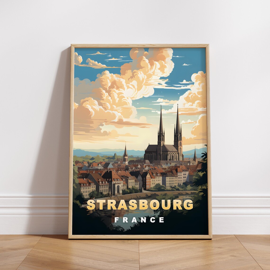 Strasbourg France Cathedral Spires Old Town Evening Travel Poster