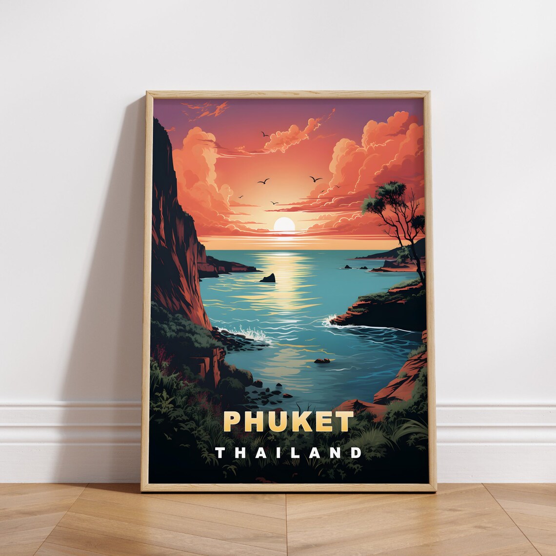 Phuket Thailand Sunset Headland Cliffs Ocean Retro Travel Poster