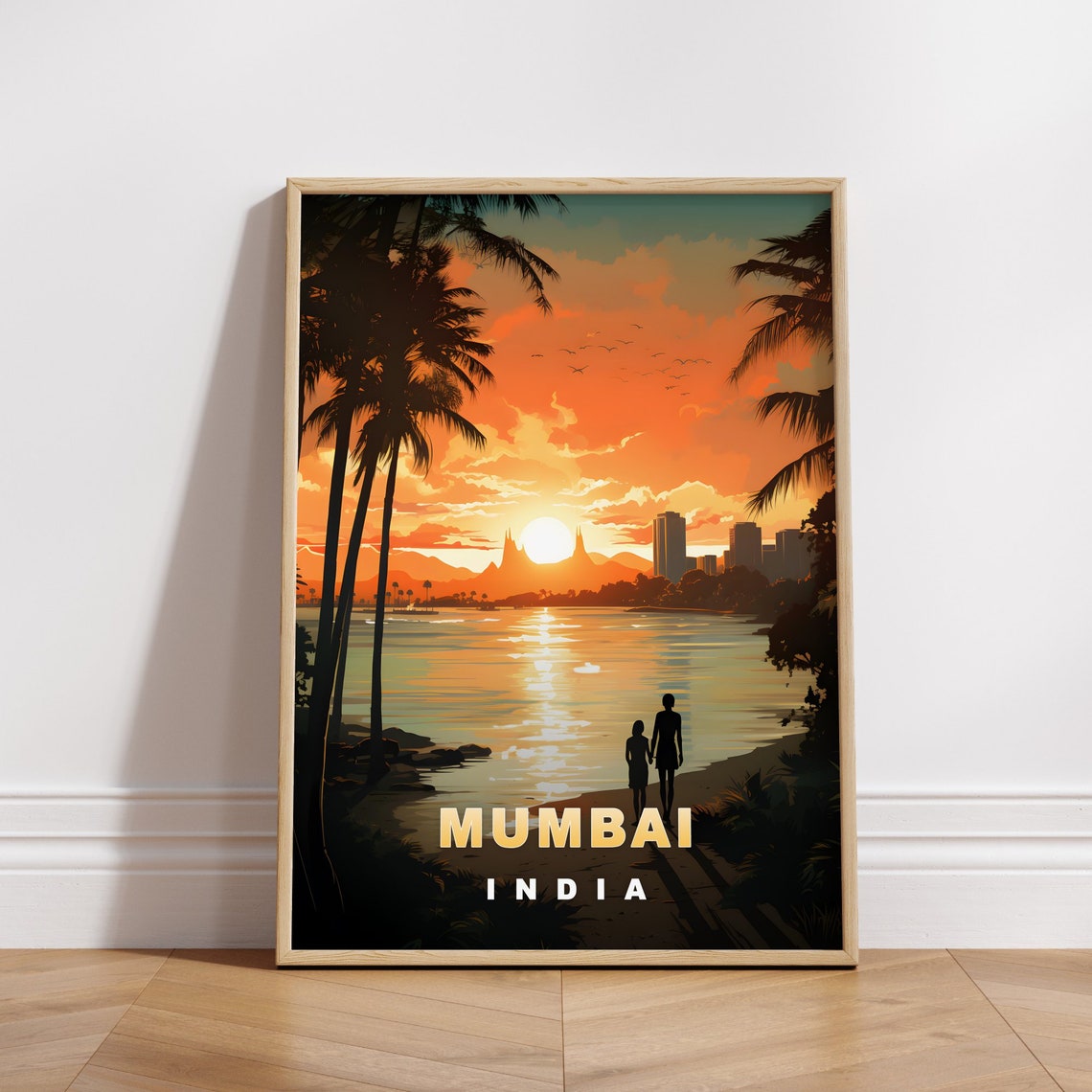 Mumbai India Sunset Beach Palm Silhouette Retro Travel Poster