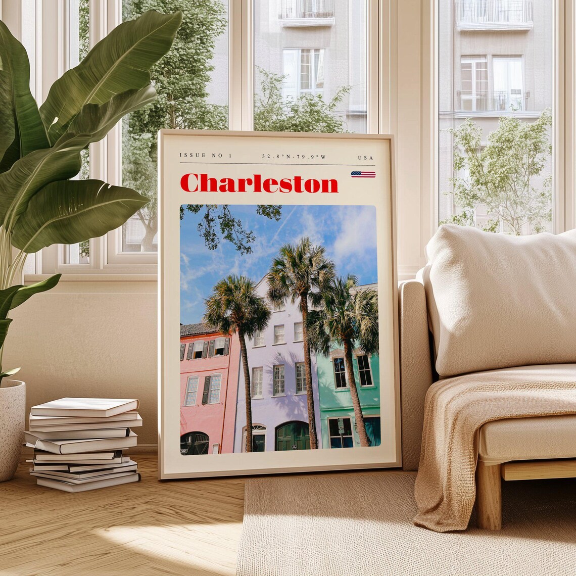 Charleston Rainbow Row Palms Pastel Houses Retro Travel Poster