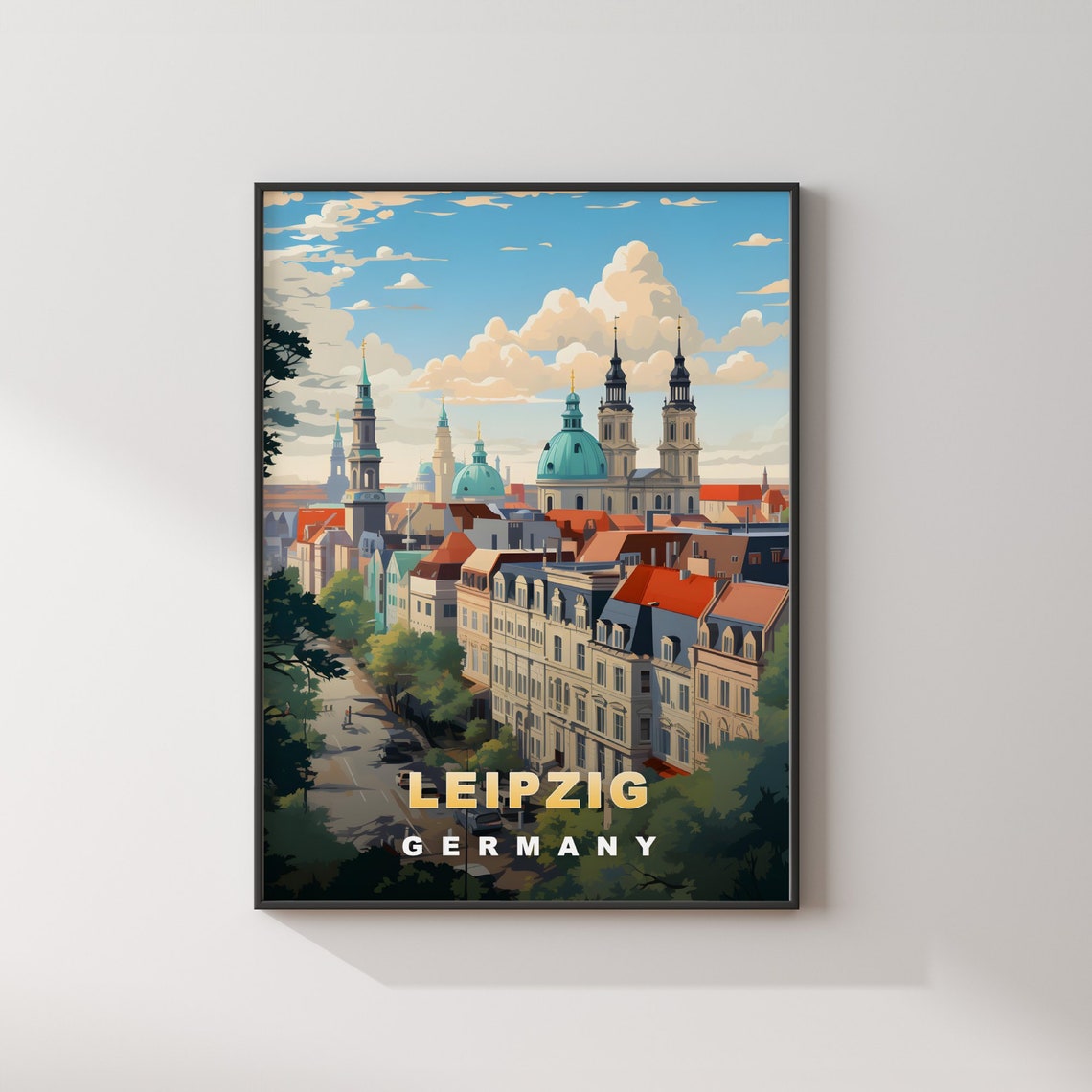 Leipzig Germany Retro Travel Poster Historic Rooftops Teal Dome View - Image 2