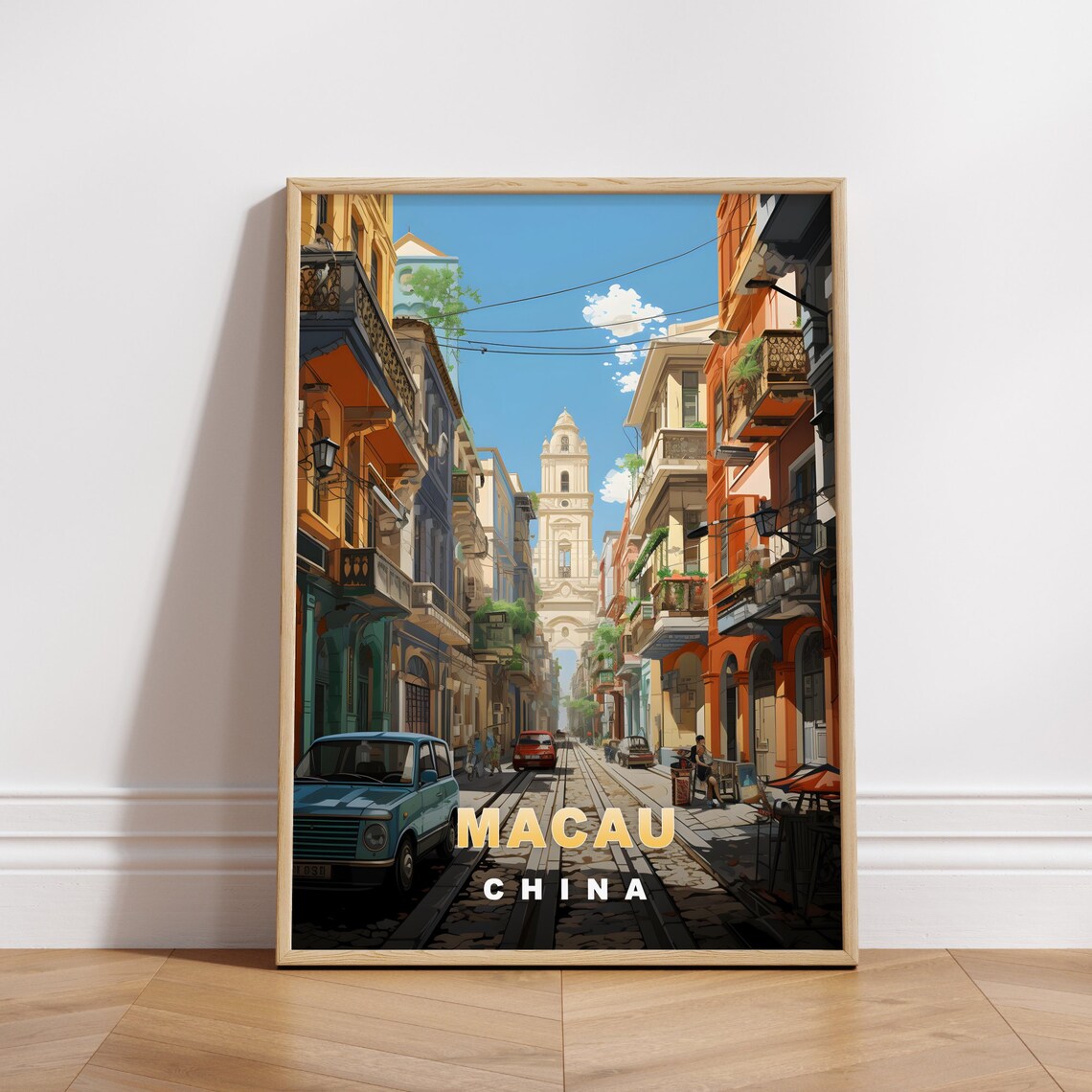 Macau China Historic Old Street Church Tower Retro Travel Poster
