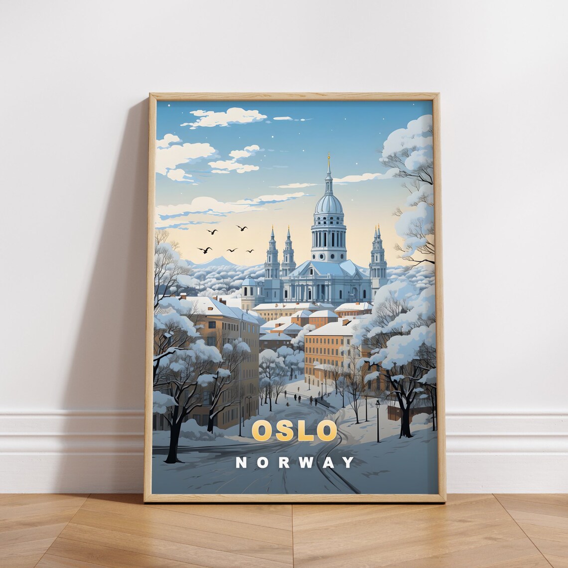 Oslo Norway Snowy Cathedral Retro Travel Poster Winter Decor