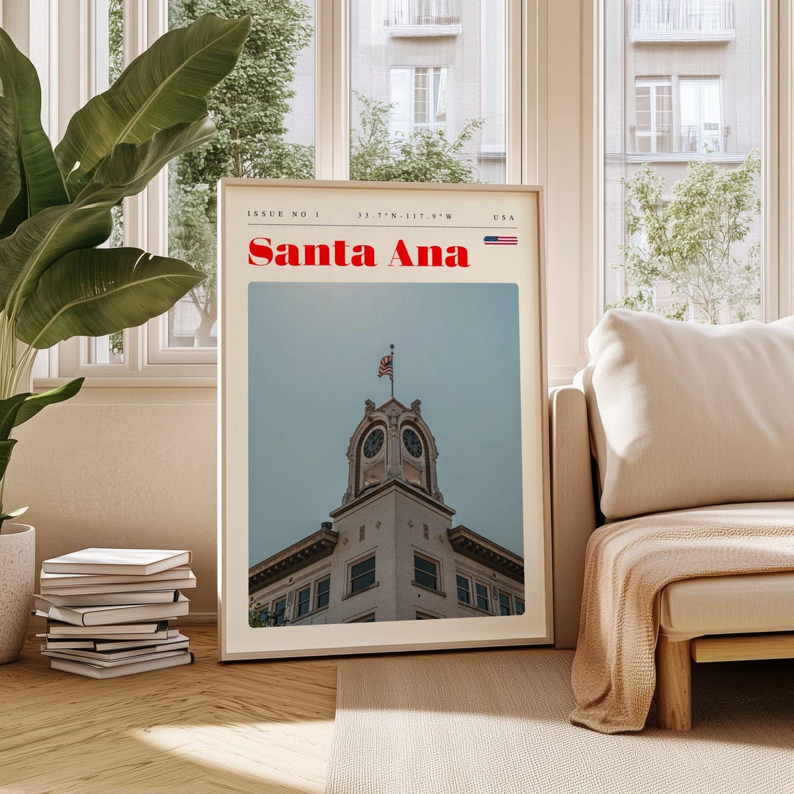 Santa Ana Historic Clock Tower Flag California USA Travel Poster