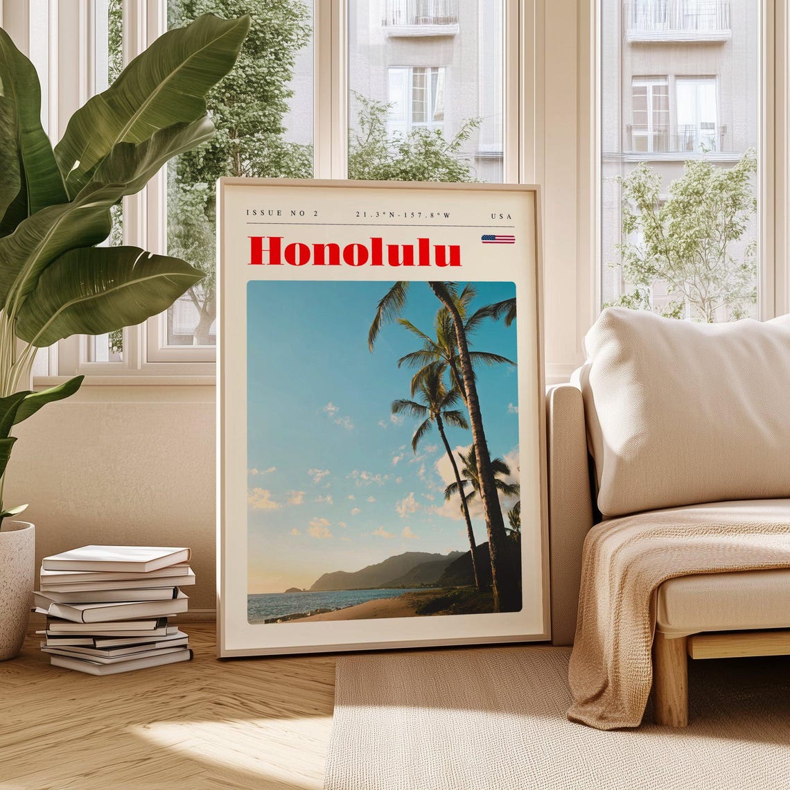 Honolulu Hawaii Palm Trees Beach Sunset Vintage Travel Poster