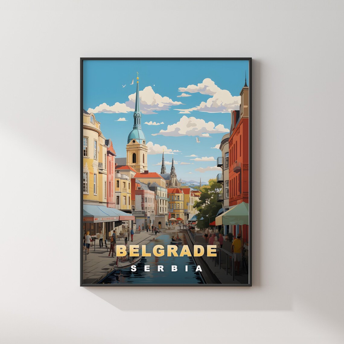 Belgrade Serbia Canal Street Blue Church Spire Daytime Travel Poster - Image 2
