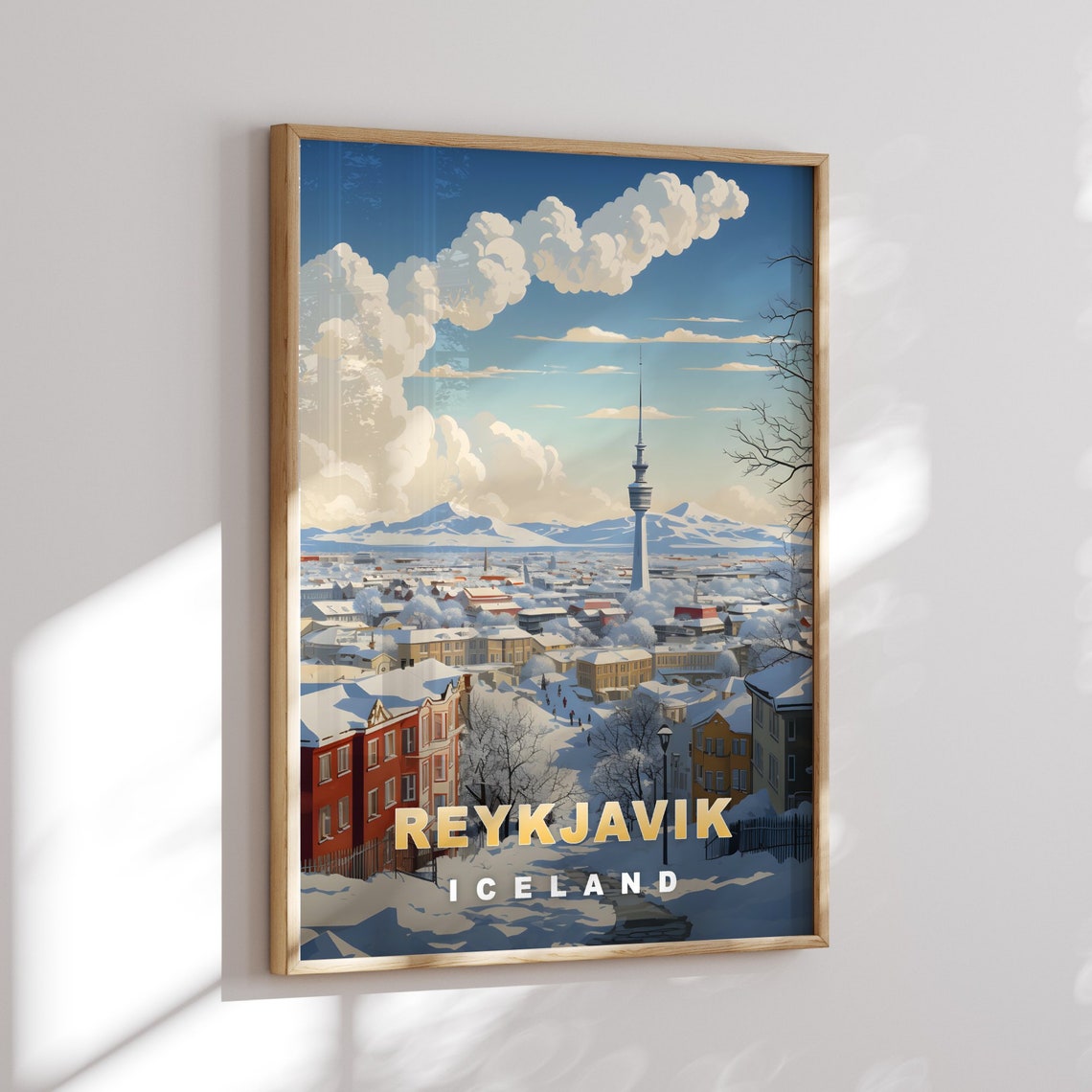 Reykjavik Iceland Snowy Cityscape Tower Winter Vintage Poster - Image 2