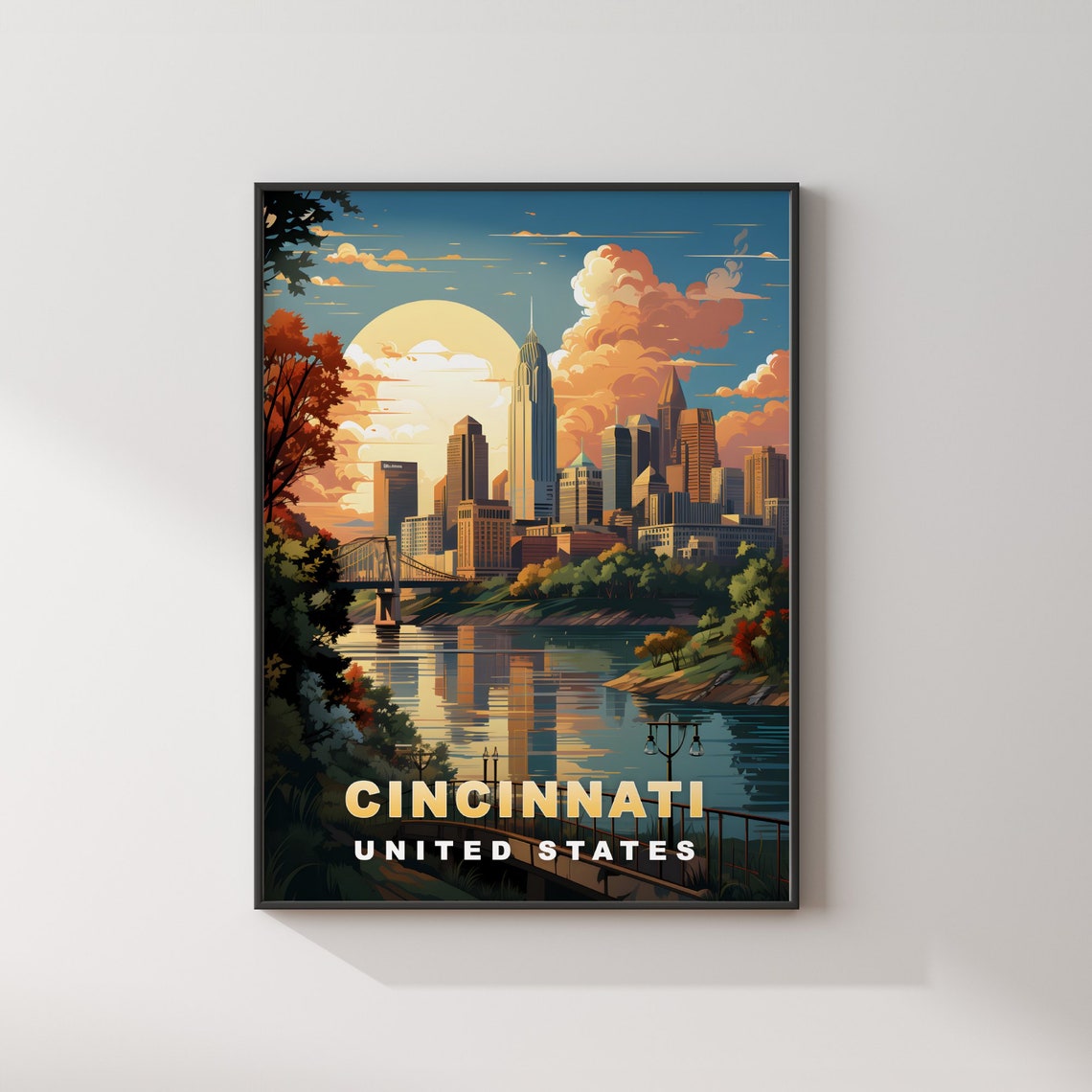 Cincinnati Skyline Ohio River Bridge Sunset Vintage Travel Poster - Image 2