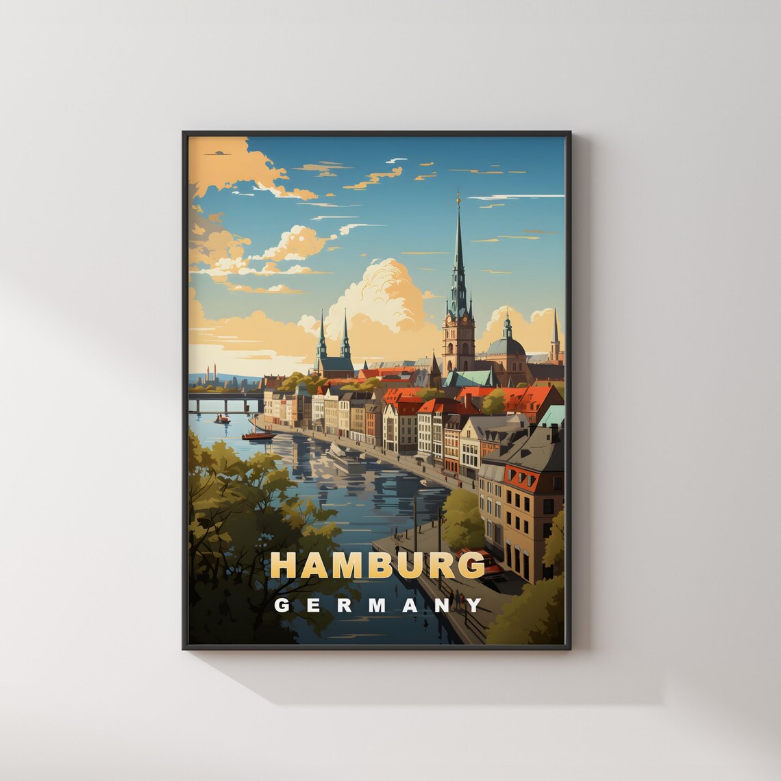 Hamburg Germany Retro Travel Poster Harbor River Skyline View - Image 2