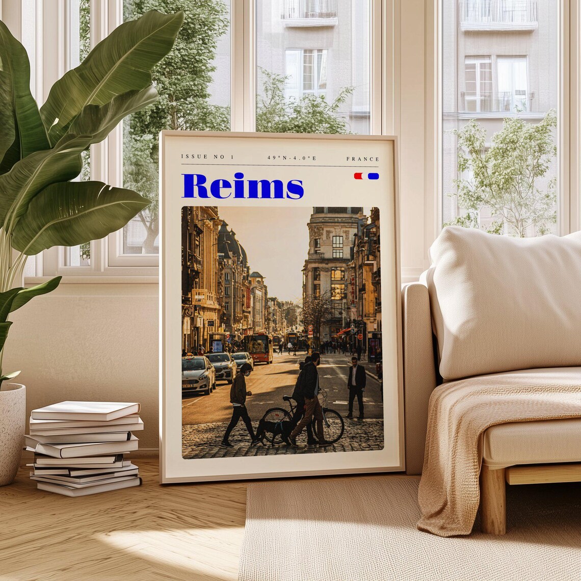 Reims France Golden Hour City Street Cyclists Travel Poster Art