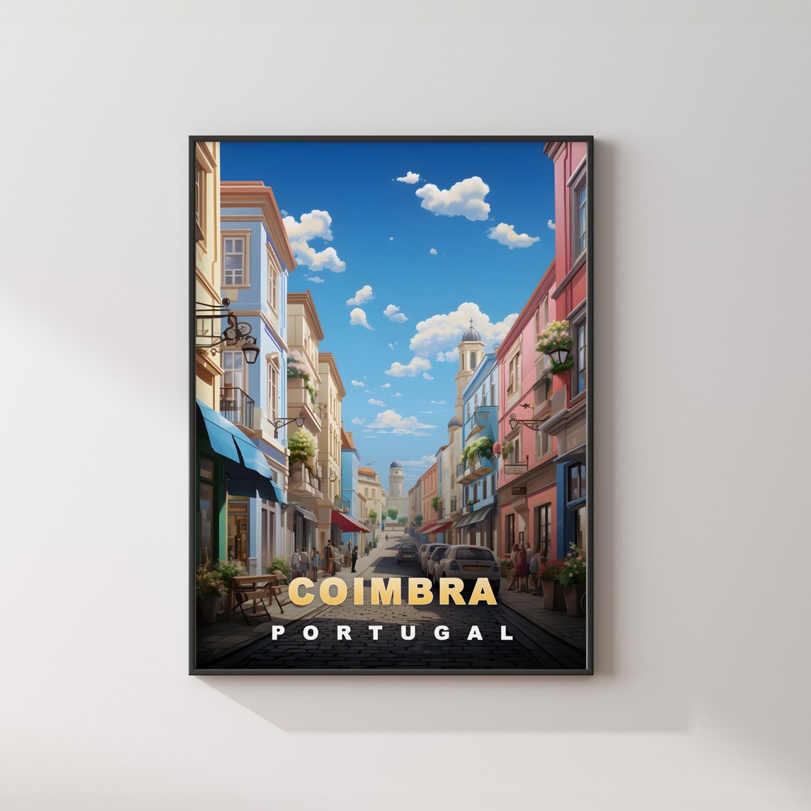 Coimbra Portugal Colorful Cobbled Street Church Towers Travel Poster - Image 2