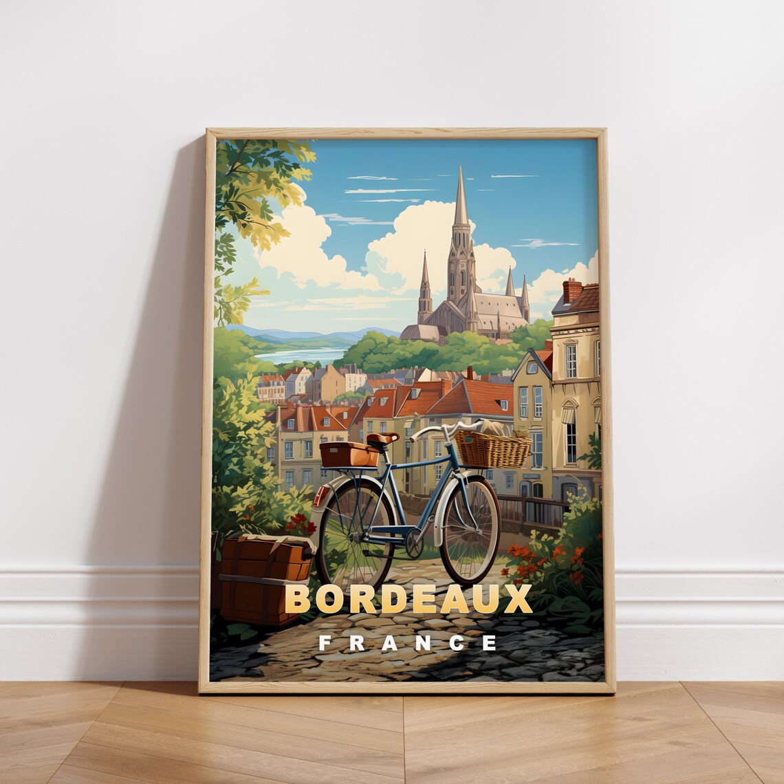 Bordeaux France Bicycle Cathedral River Valley Vintage Travel Poster