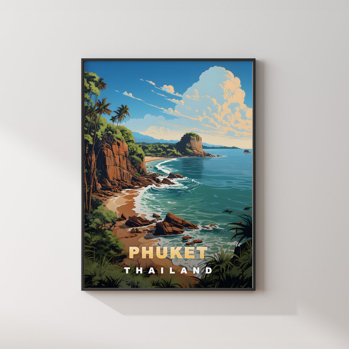 Phuket Thailand Rocky Cove Palm Sea Cliffs Retro Travel Poster - Image 2