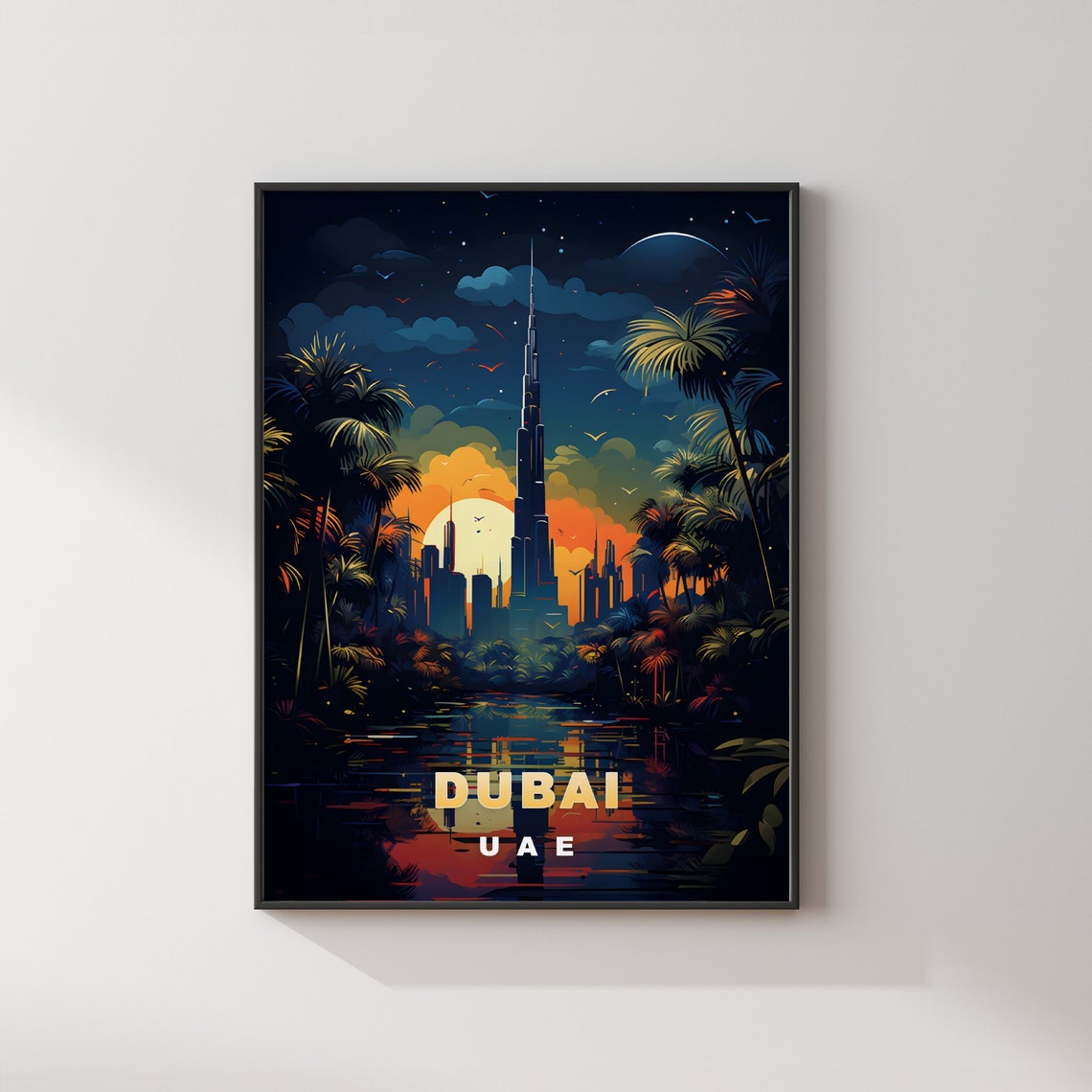 Dubai UAE Burj Khalifa Night Skyline Palms Retro Travel Poster - Image 2