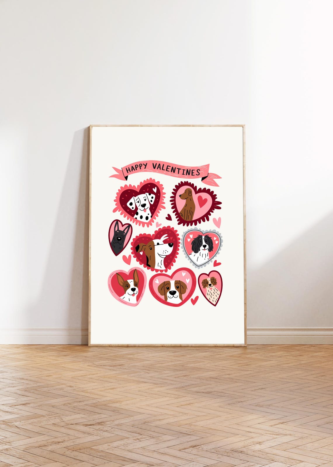 Happy Valentines Cute Dogs in Pink Hearts Illustration Poster - Image 3