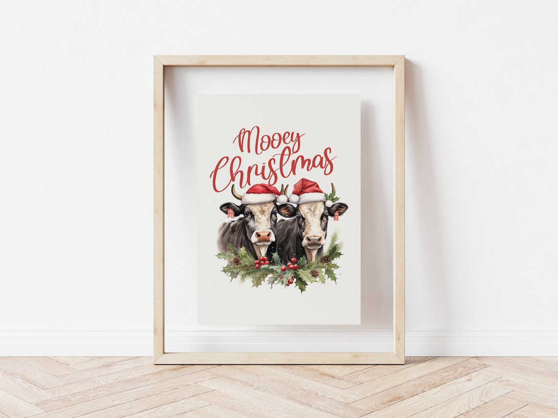 Mooey Christmas Two Cows In Santa Hats With Holly Farmhouse Poster - Image 5